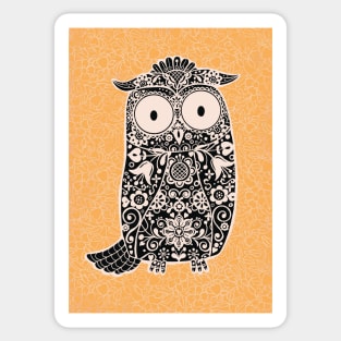 Black and White Folk Art Owl on Yellow Floral Background Sticker